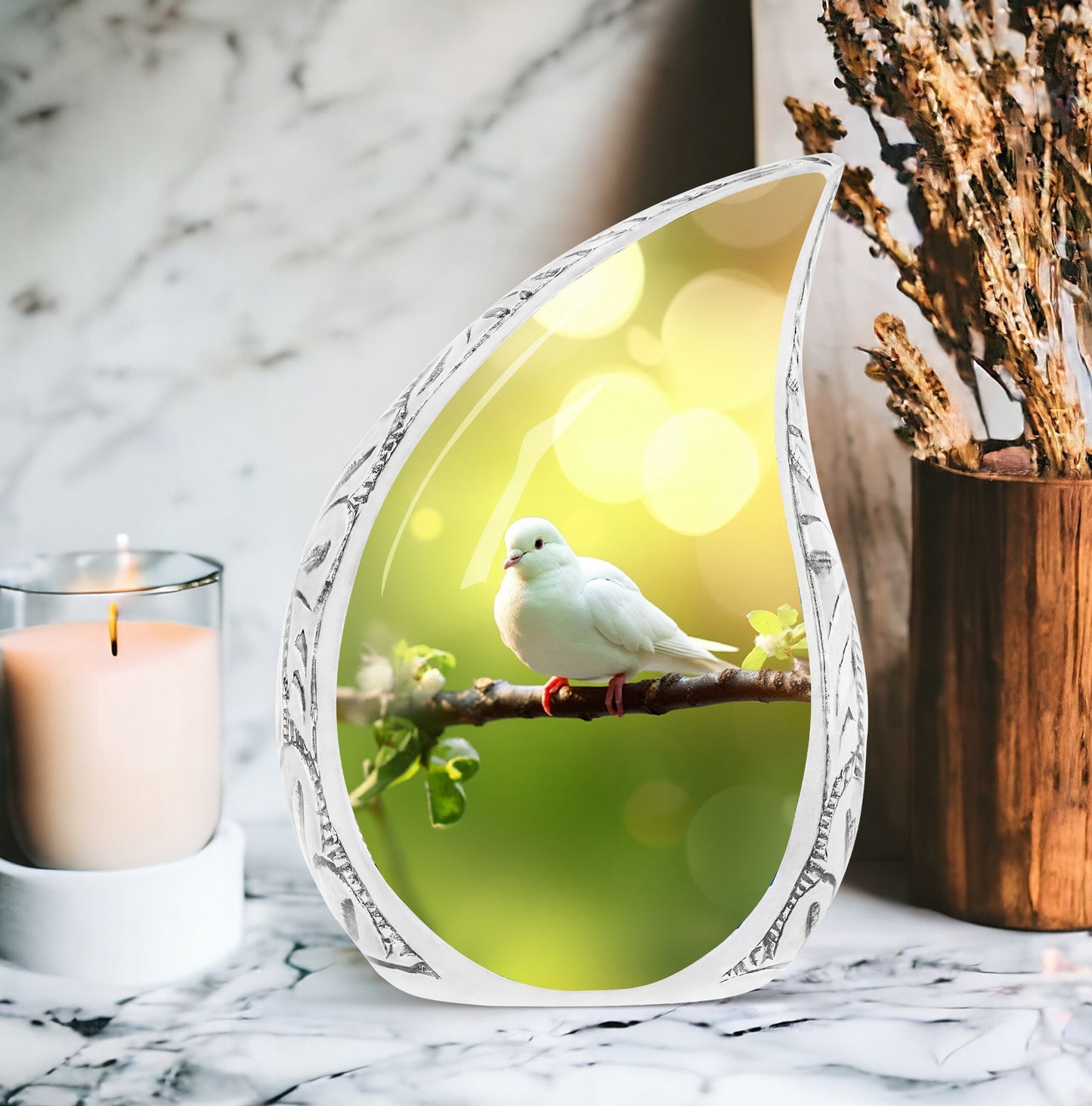 Large Dove Urn hovering over colorful wildflower field, perfect burial urn for human ashes