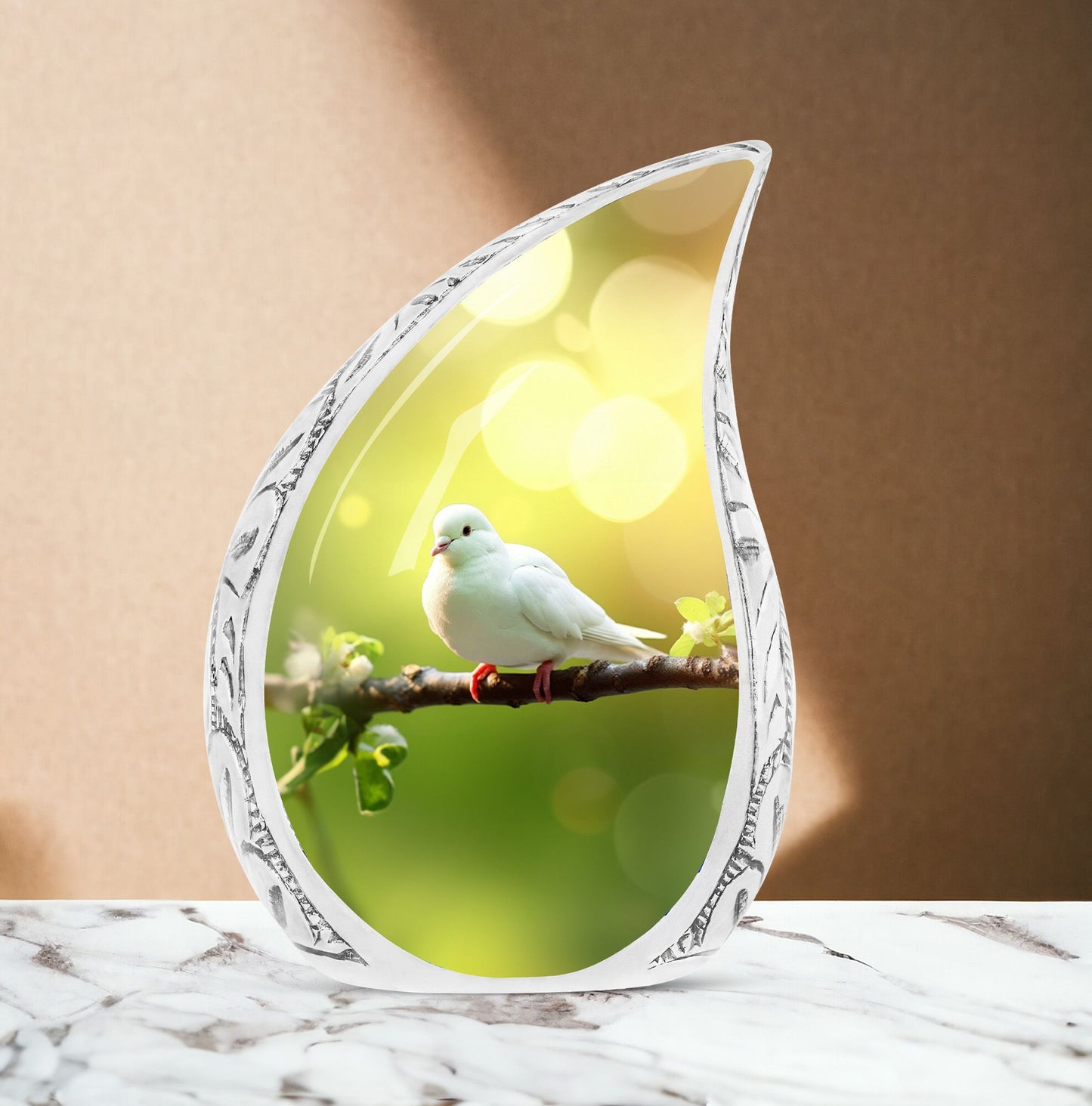 Large Dove Urn hovering over colorful wildflower field, perfect burial urn for human ashes