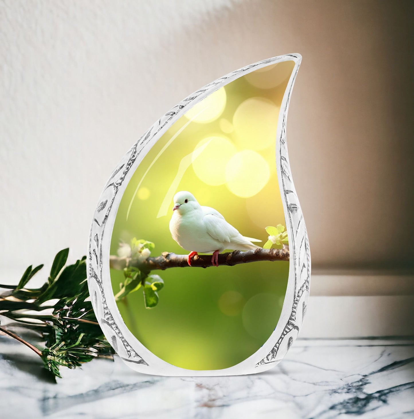 Large Dove Urn hovering over colorful wildflower field, perfect burial urn for human ashes
