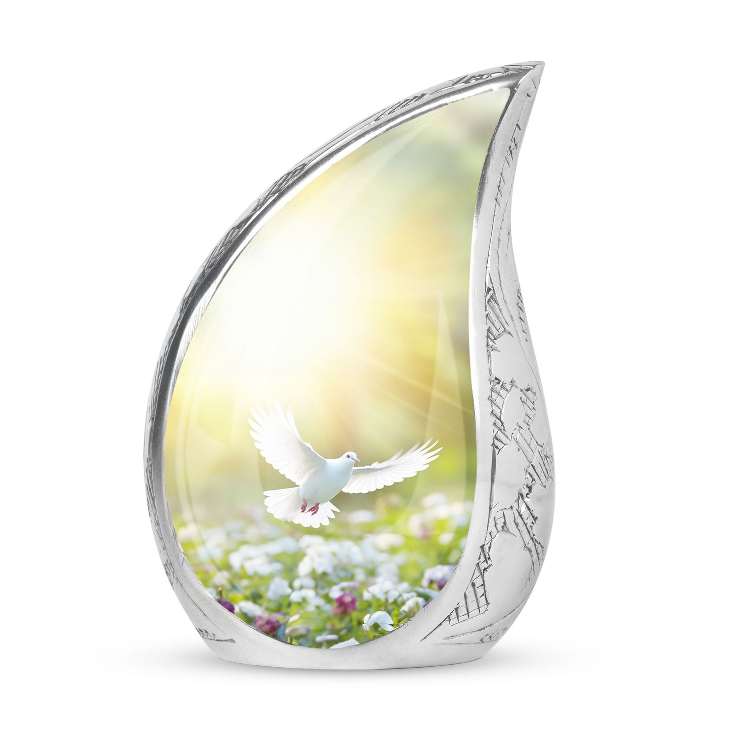 Large dove urn featuring white dove and colorful flowers, ideal for storing adult human ashes