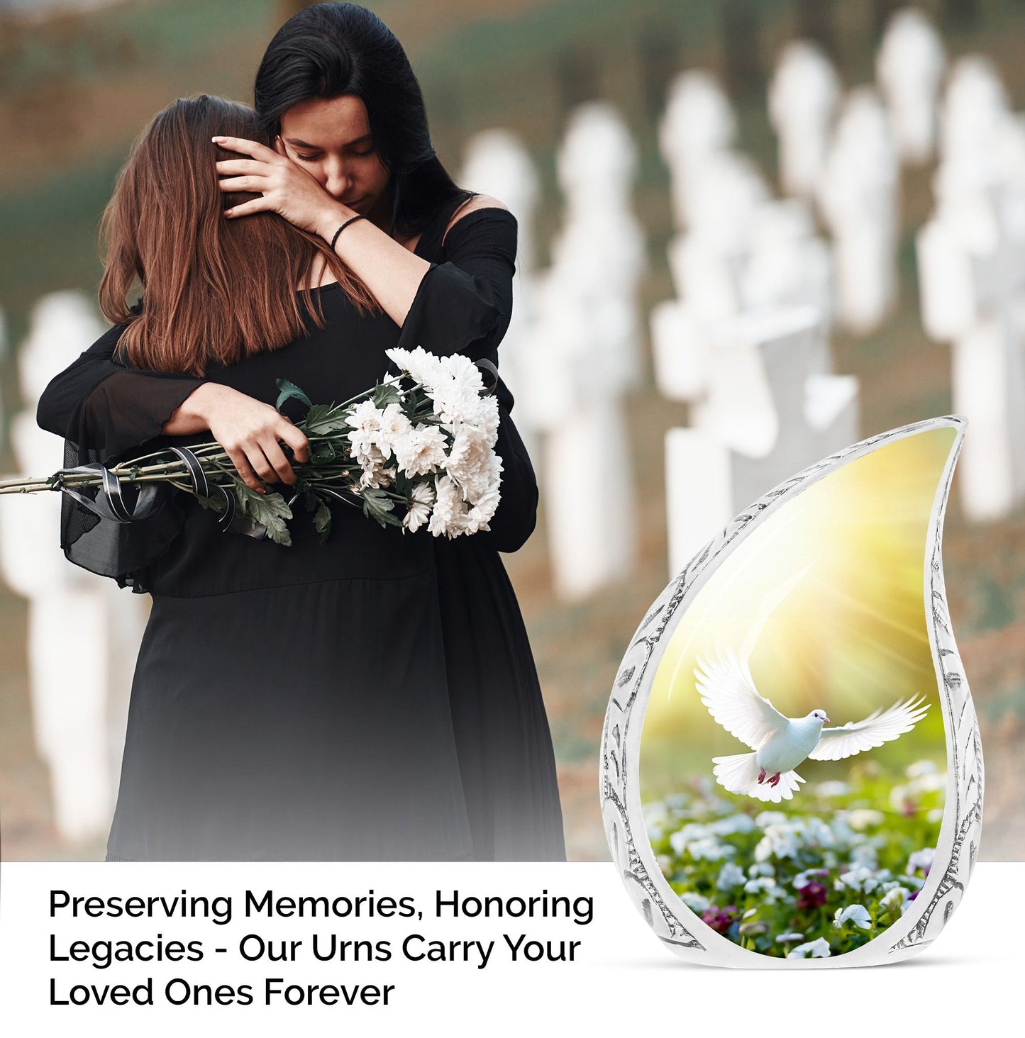 Large dove urn featuring white dove and colorful flowers, ideal for storing adult human ashes