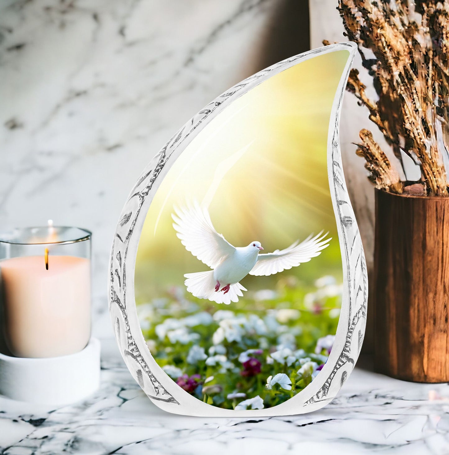 Large dove urn featuring white dove and colorful flowers, ideal for storing adult human ashes