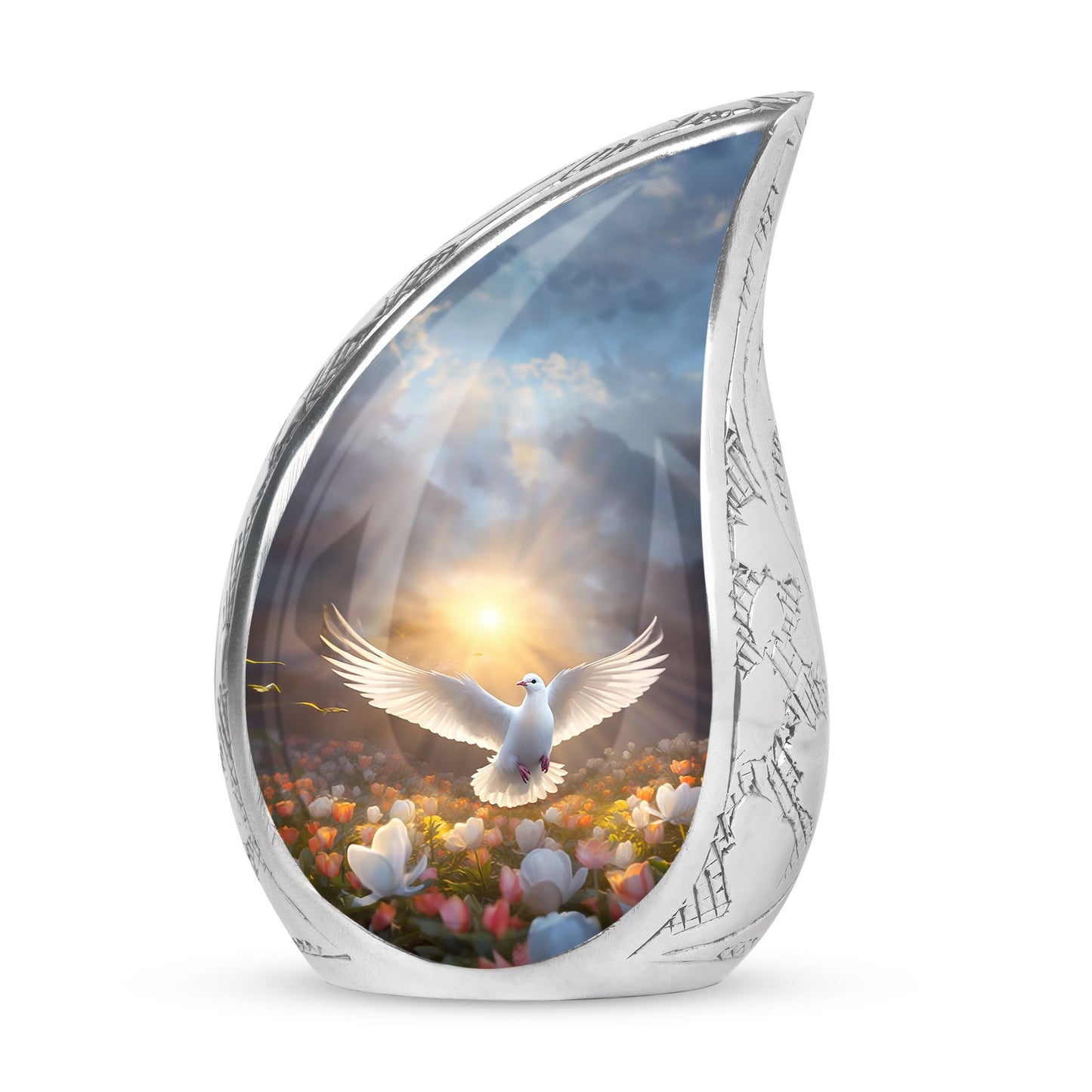 Large dove-themed metal urn symbolizing hope, ideal for cremation ashes, particularly for women and mothers