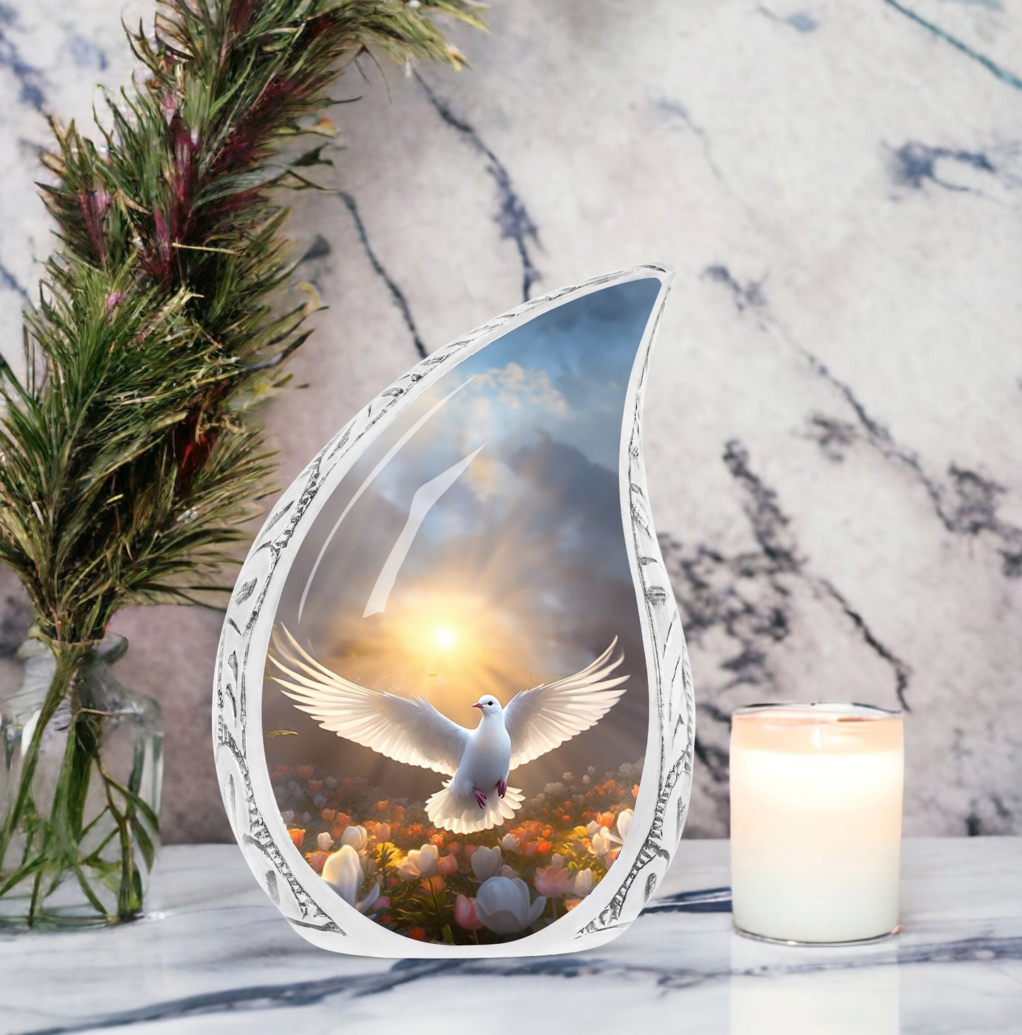 Large dove-themed metal urn symbolizing hope, ideal for cremation ashes, particularly for women and mothers