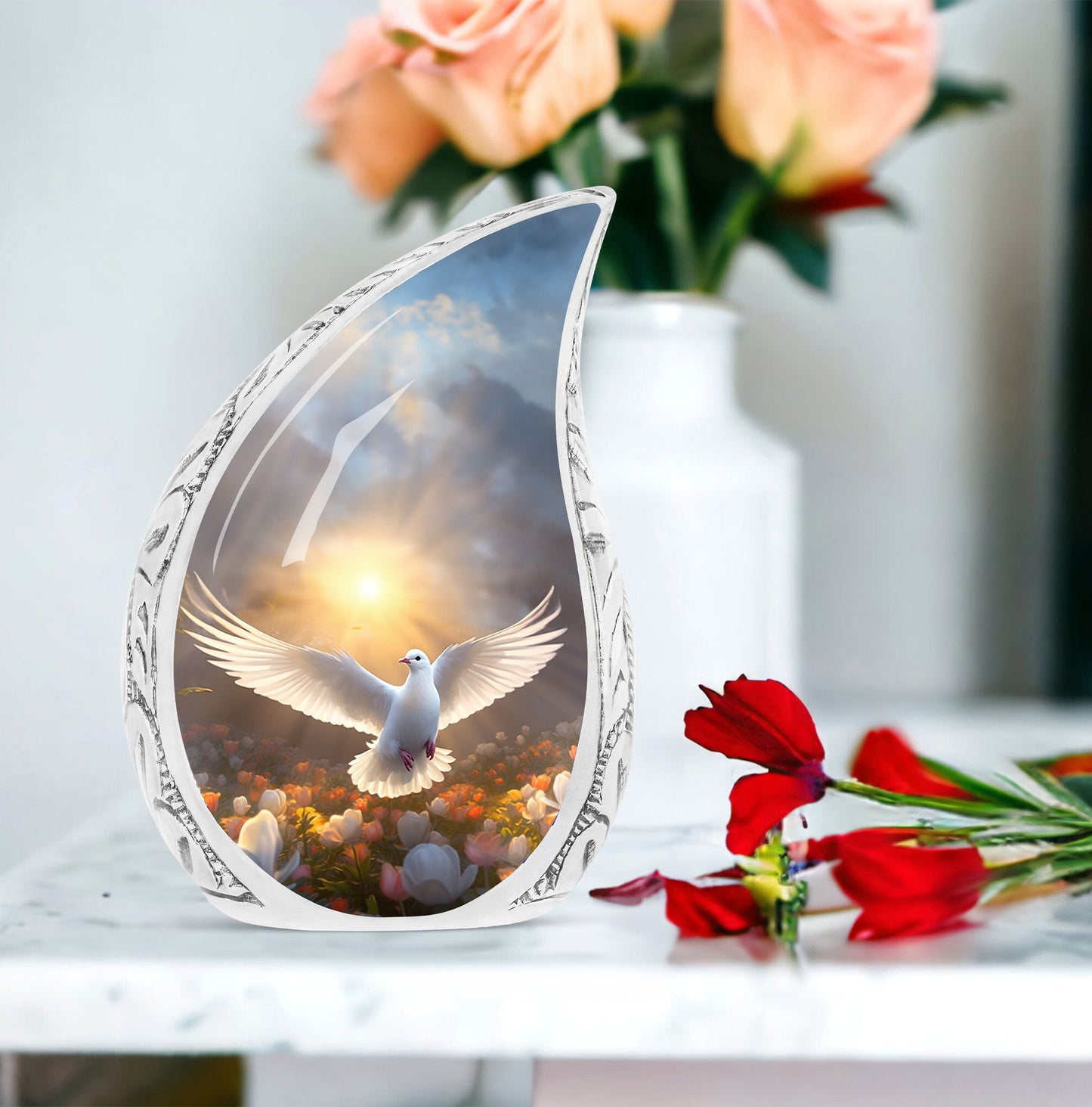 Large dove-themed metal urn symbolizing hope, ideal for cremation ashes, particularly for women and mothers