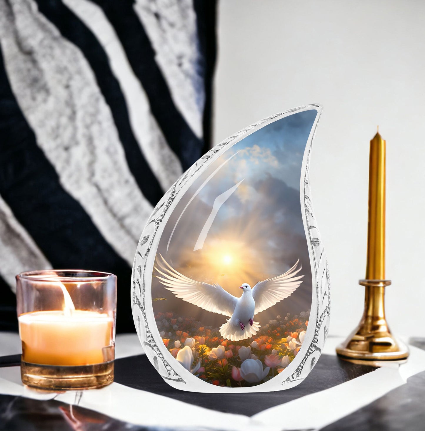 Large dove-themed metal urn symbolizing hope, ideal for cremation ashes, particularly for women and mothers