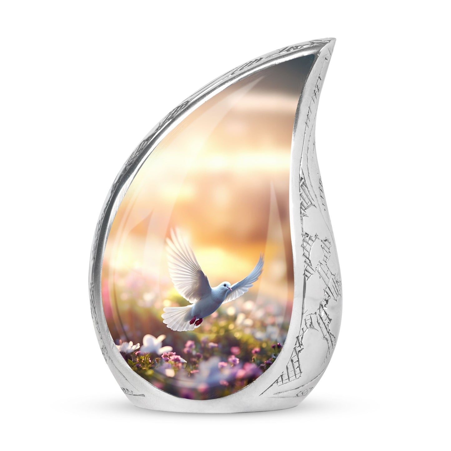 Large Dove-themed cremation urn with dove flying near flowers, a sophisticated urn choice for human ashes
