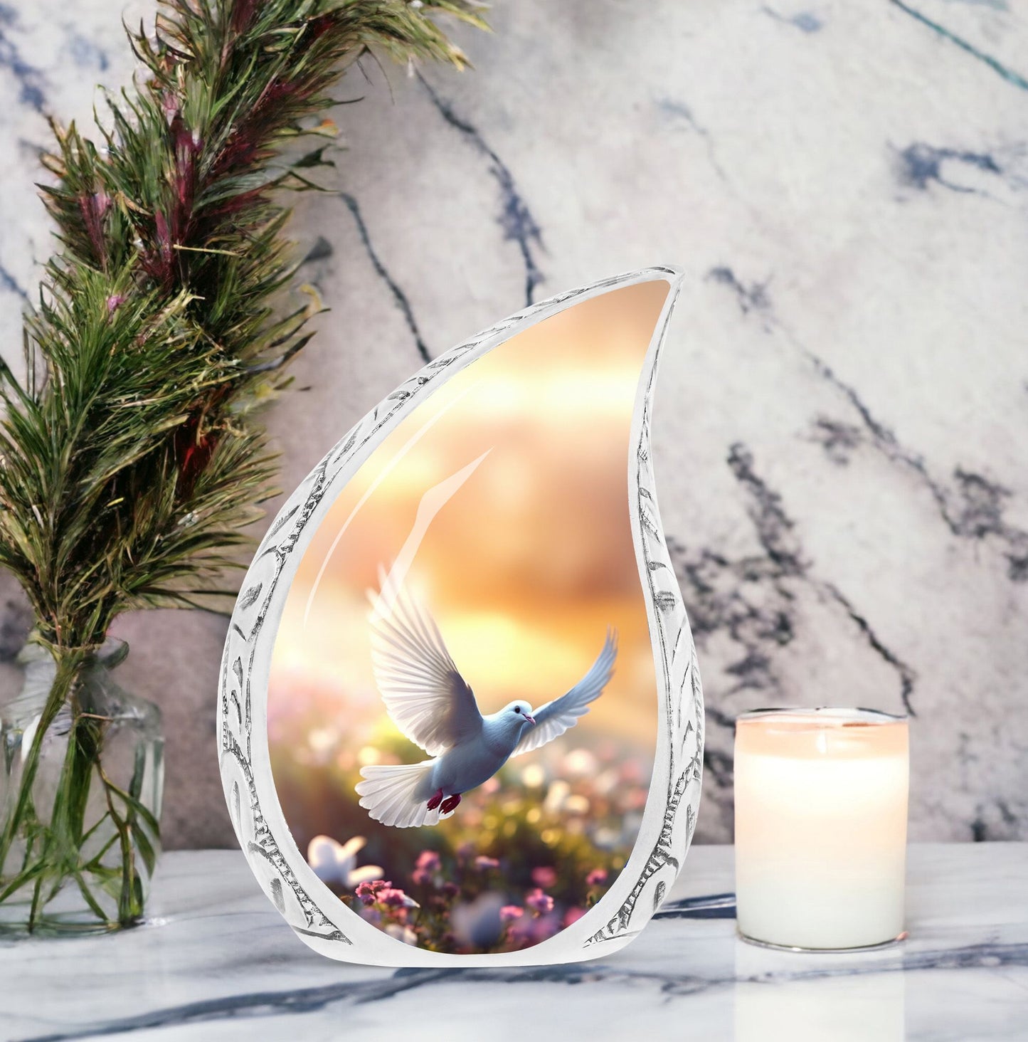 Large Dove-themed cremation urn with dove flying near flowers, a sophisticated urn choice for human ashes