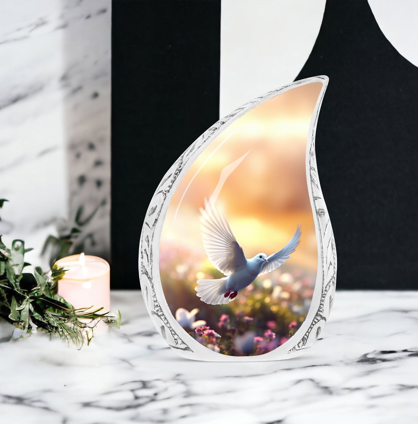 Large Dove-themed cremation urn with dove flying near flowers, a sophisticated urn choice for human ashes