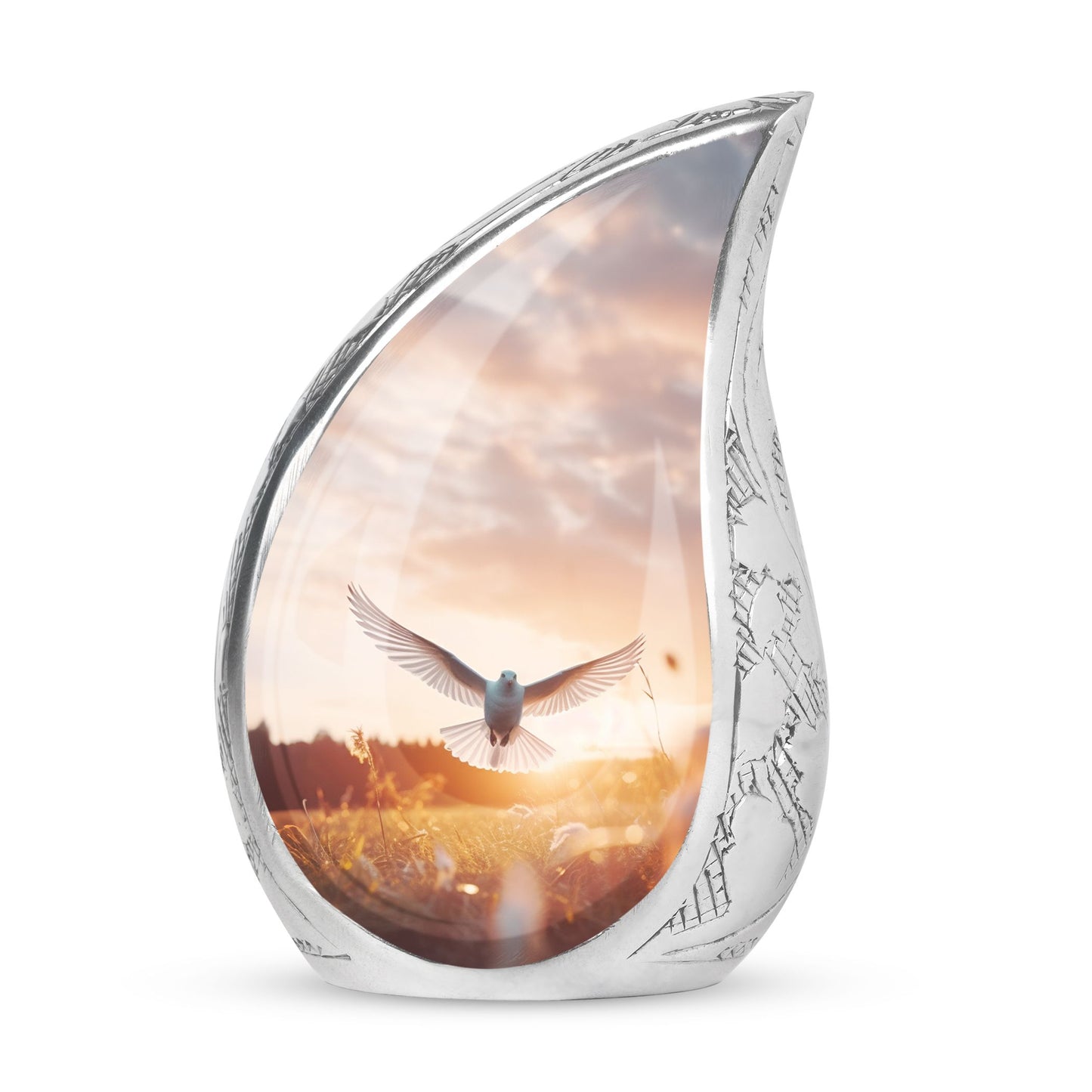 Large dove urn depicting a peaceful evening flight, ideal for adult human ashes storage or funeral decor.