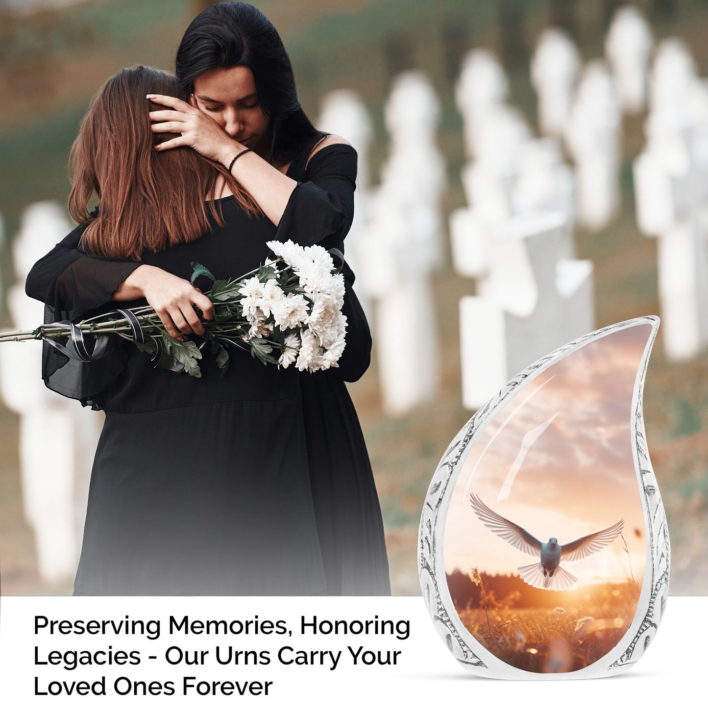 Large dove urn depicting a peaceful evening flight, ideal for adult human ashes storage or funeral decor.