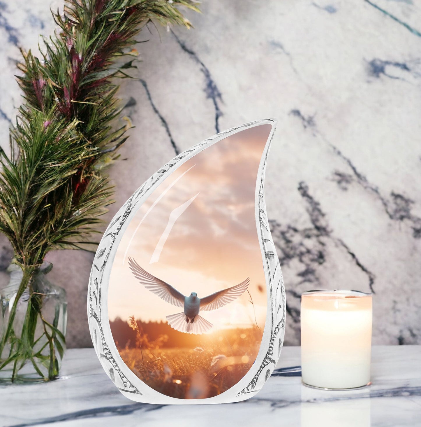 Large dove urn depicting a peaceful evening flight, ideal for adult human ashes storage or funeral decor.