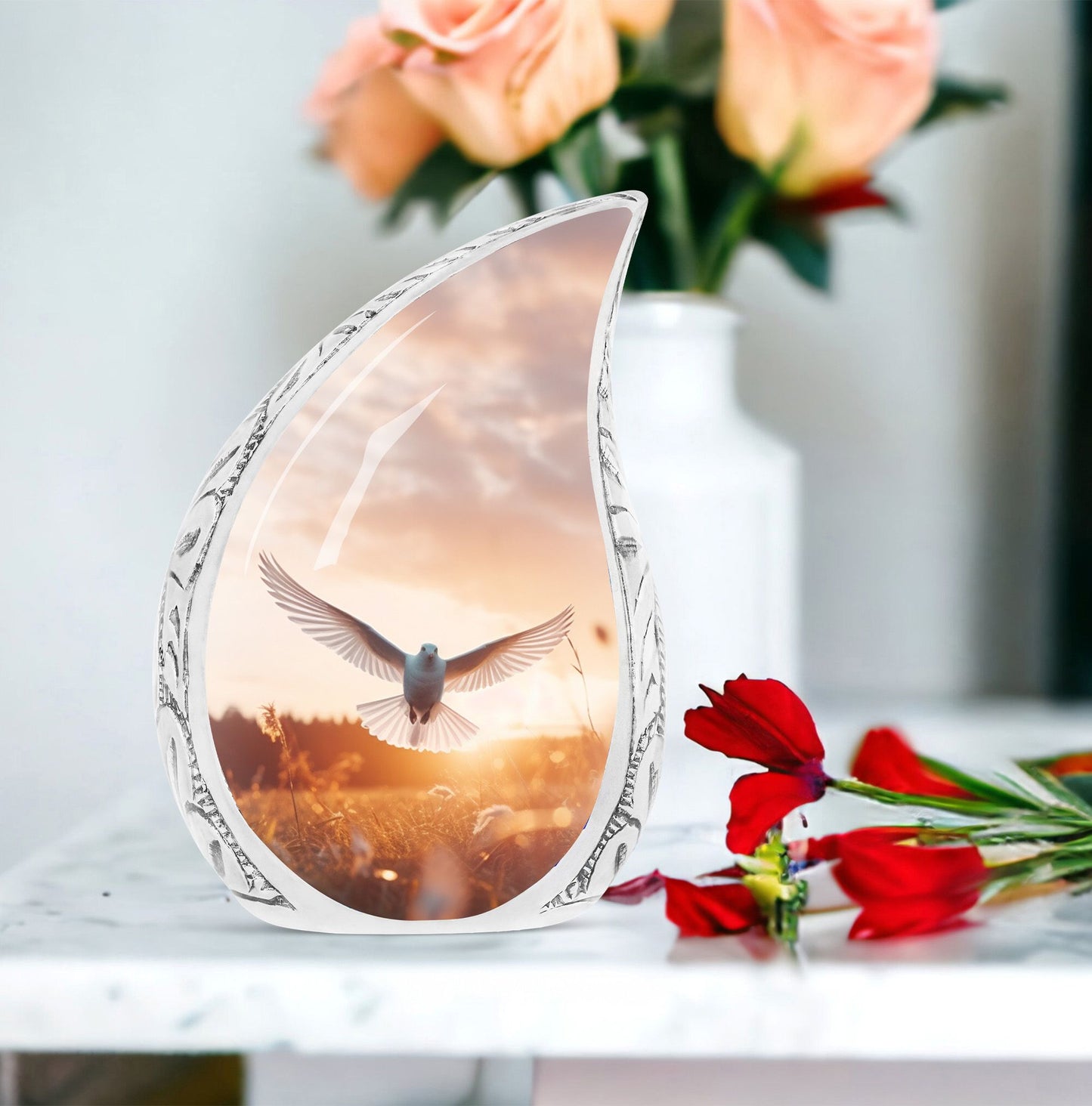 Large dove urn depicting a peaceful evening flight, ideal for adult human ashes storage or funeral decor.
