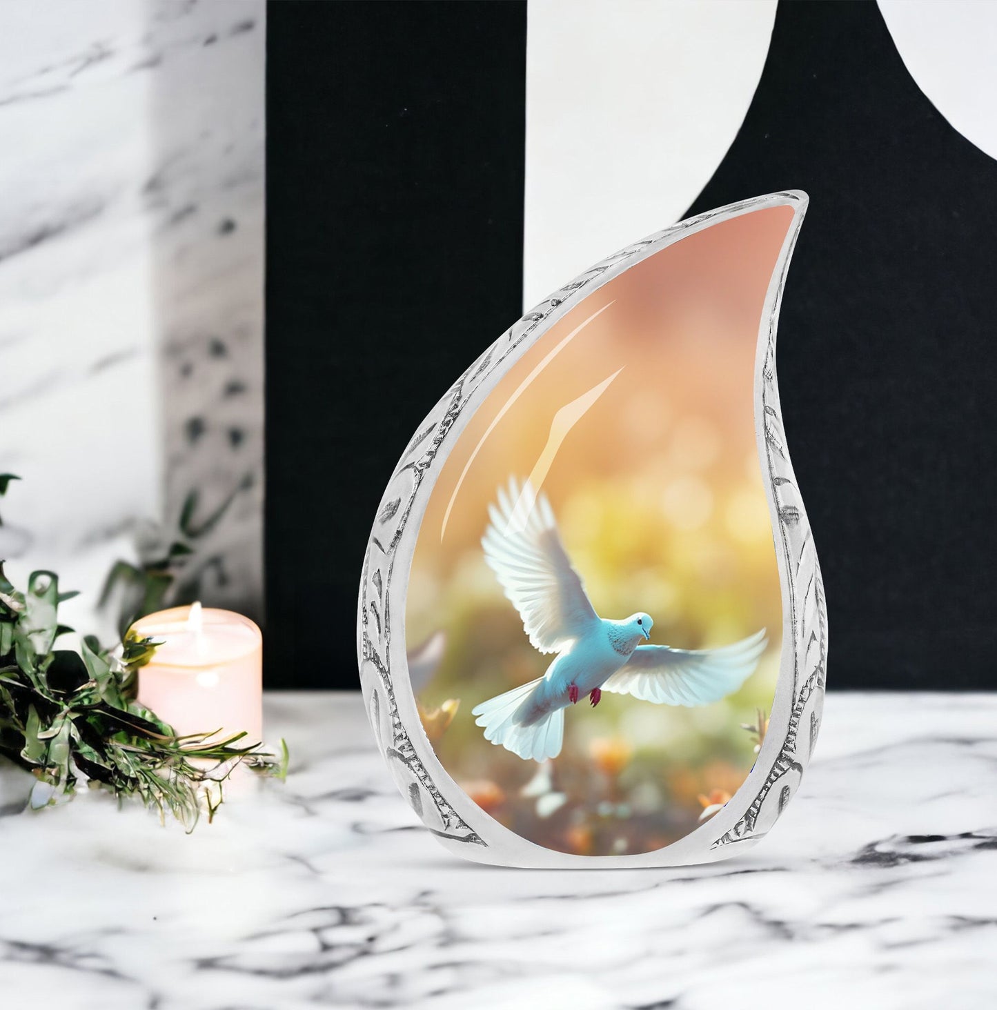 Large Dove Urn adorned with white dove and yellow flowers, ideal for human ashes adult female, perfect as a burial urn for cremated remains.