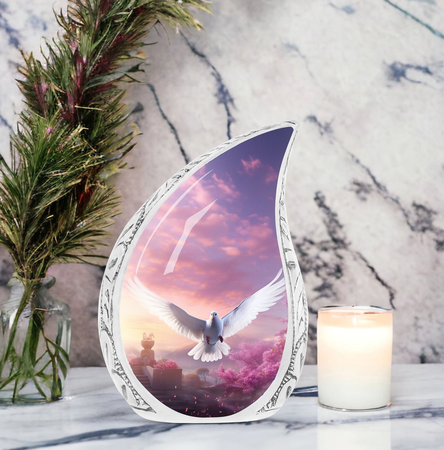 Large Dove and Cherry Blossom-themed Urn for adults, useful for cremation and as a memorial for ashes