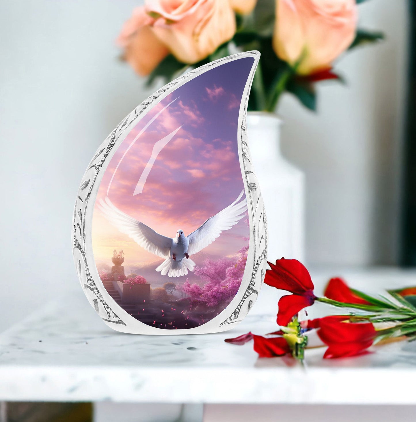Large Dove and Cherry Blossom-themed Urn for adults, useful for cremation and as a memorial for ashes