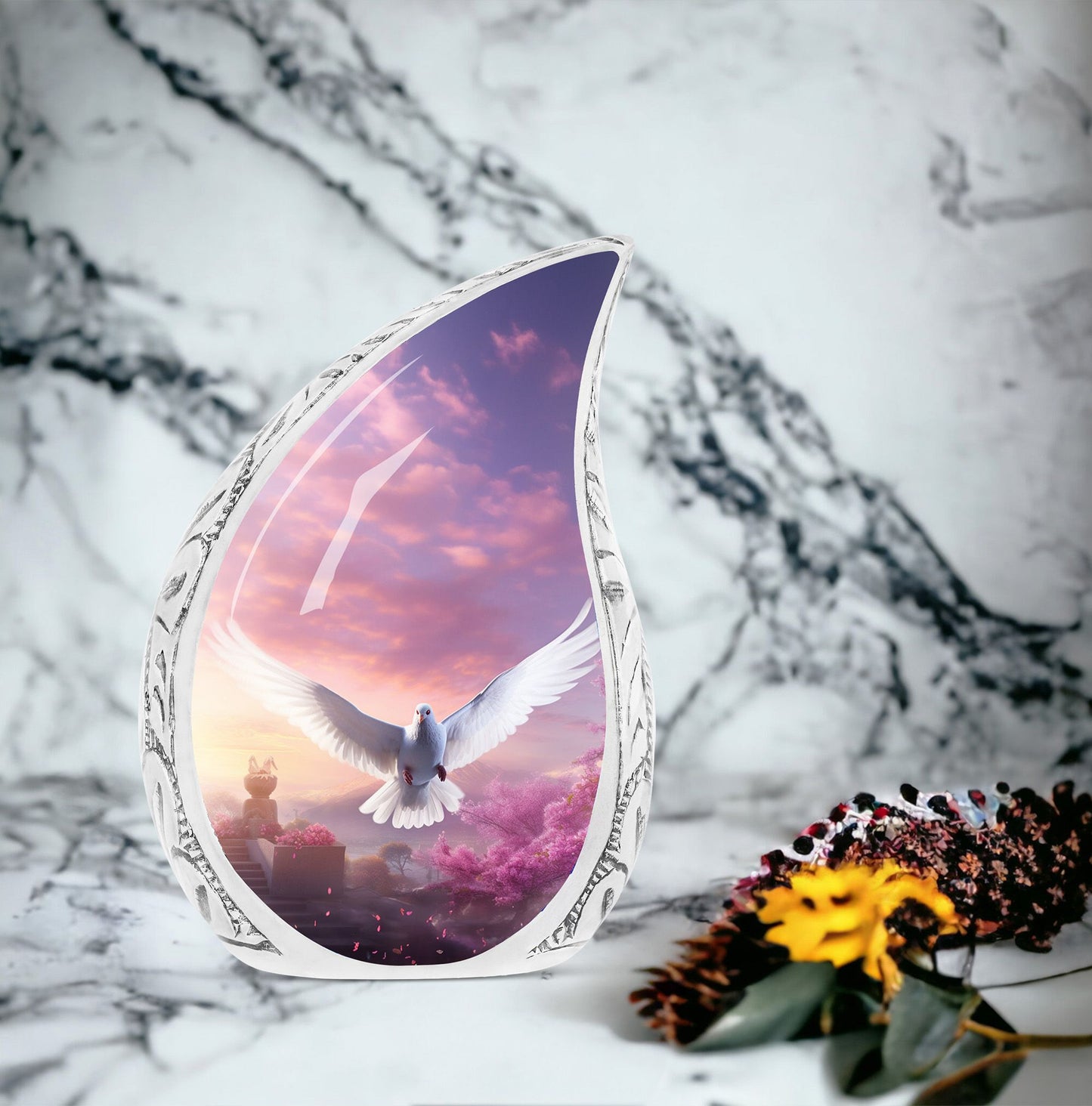 Large Dove and Cherry Blossom-themed Urn for adults, useful for cremation and as a memorial for ashes