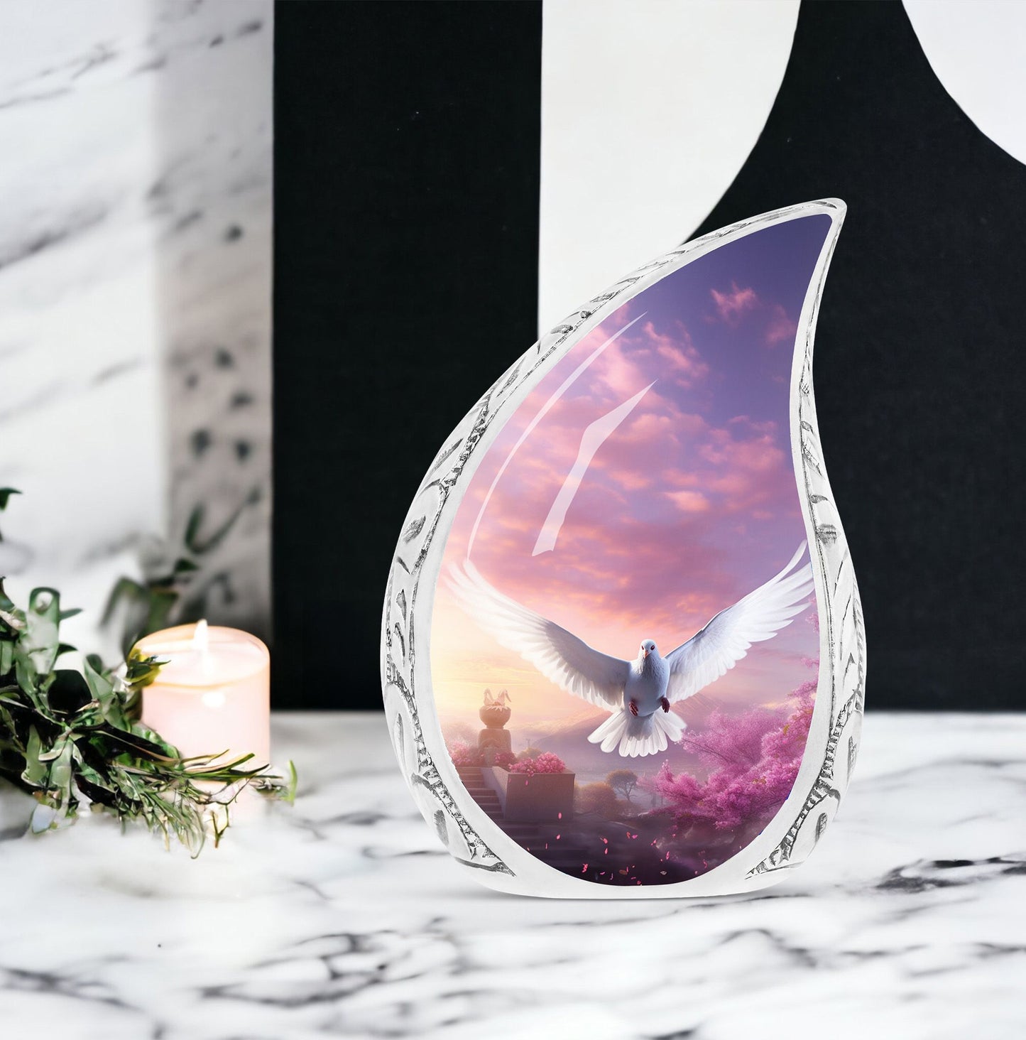 Large Dove and Cherry Blossom-themed Urn for adults, useful for cremation and as a memorial for ashes
