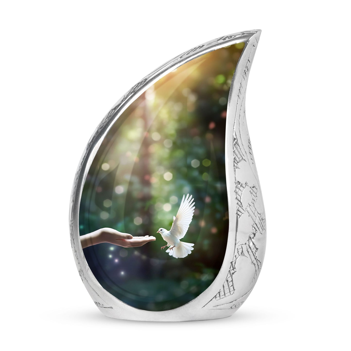 Large Dove-themed cremation urn with a design of a flying dove close to hands, suitable for human ashes