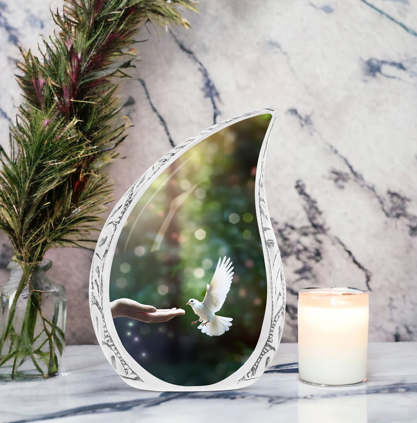 Large Dove-themed cremation urn with a design of a flying dove close to hands, suitable for human ashes