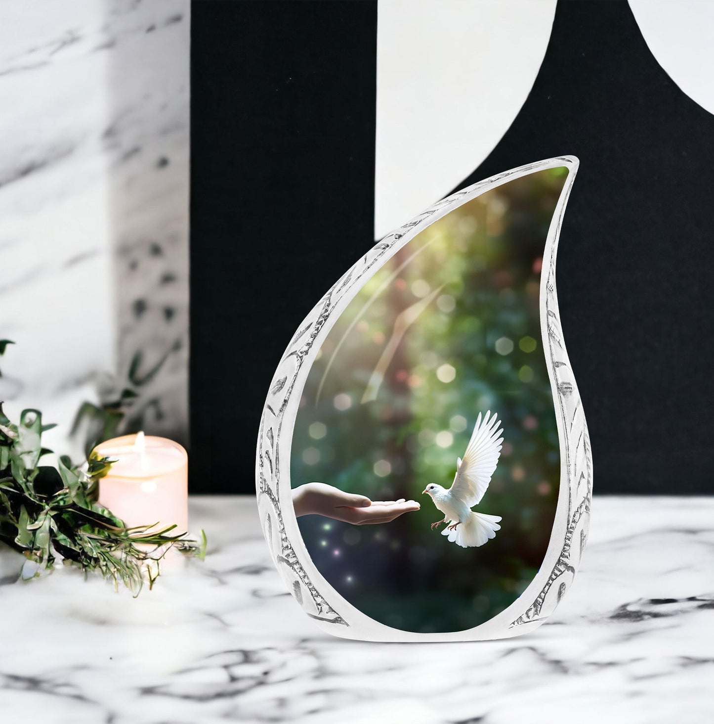 Large Dove-themed cremation urn with a design of a flying dove close to hands, suitable for human ashes
