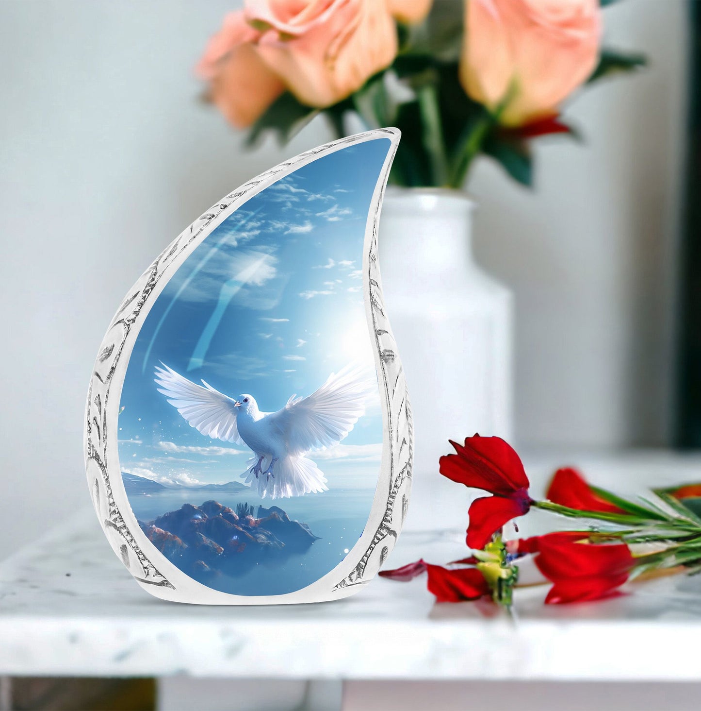 Large Dove urn on ocean background, perfect for adult female cremation ashes, metal crafted and decorative