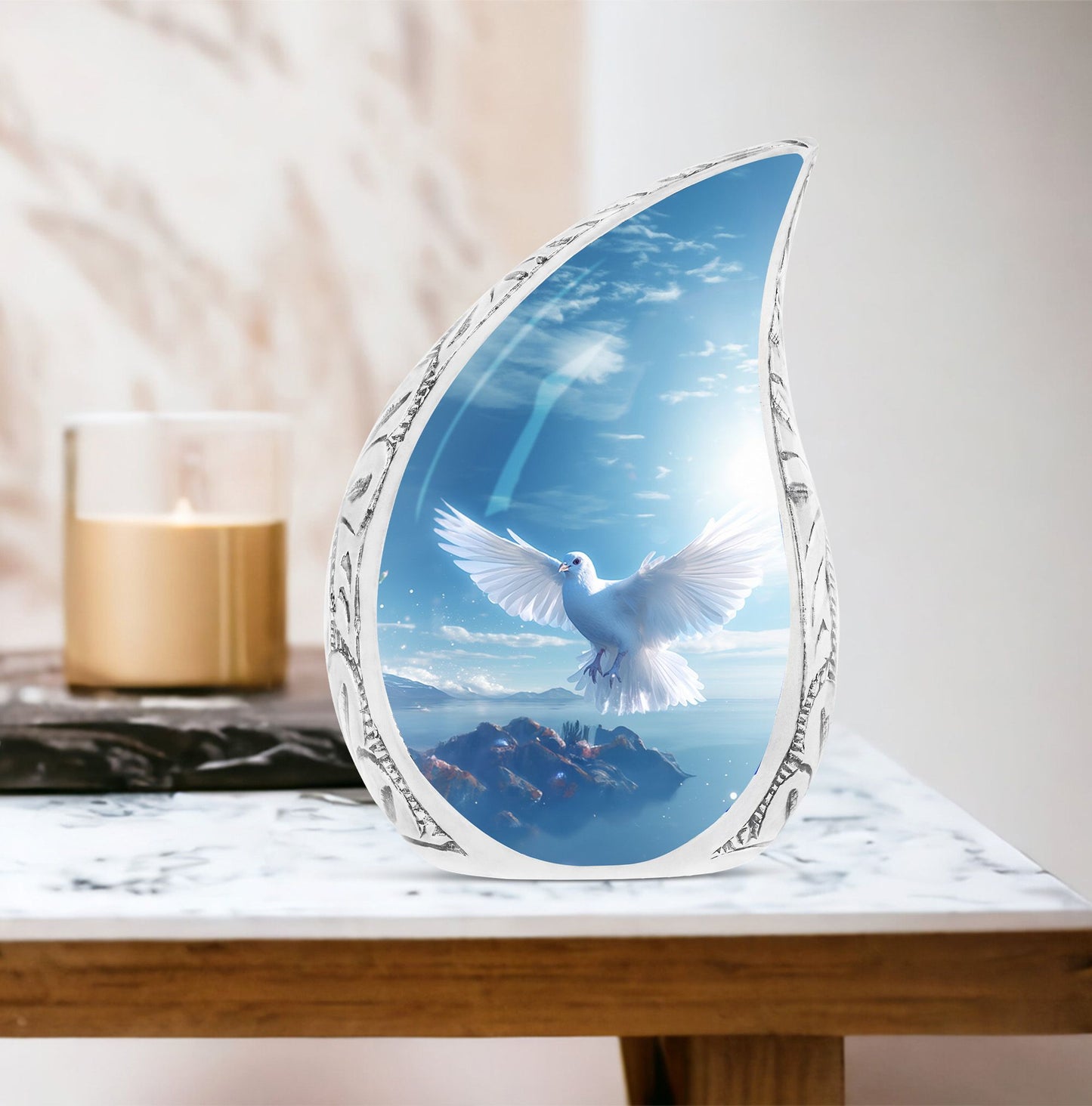 Large Dove urn on ocean background, perfect for adult female cremation ashes, metal crafted and decorative