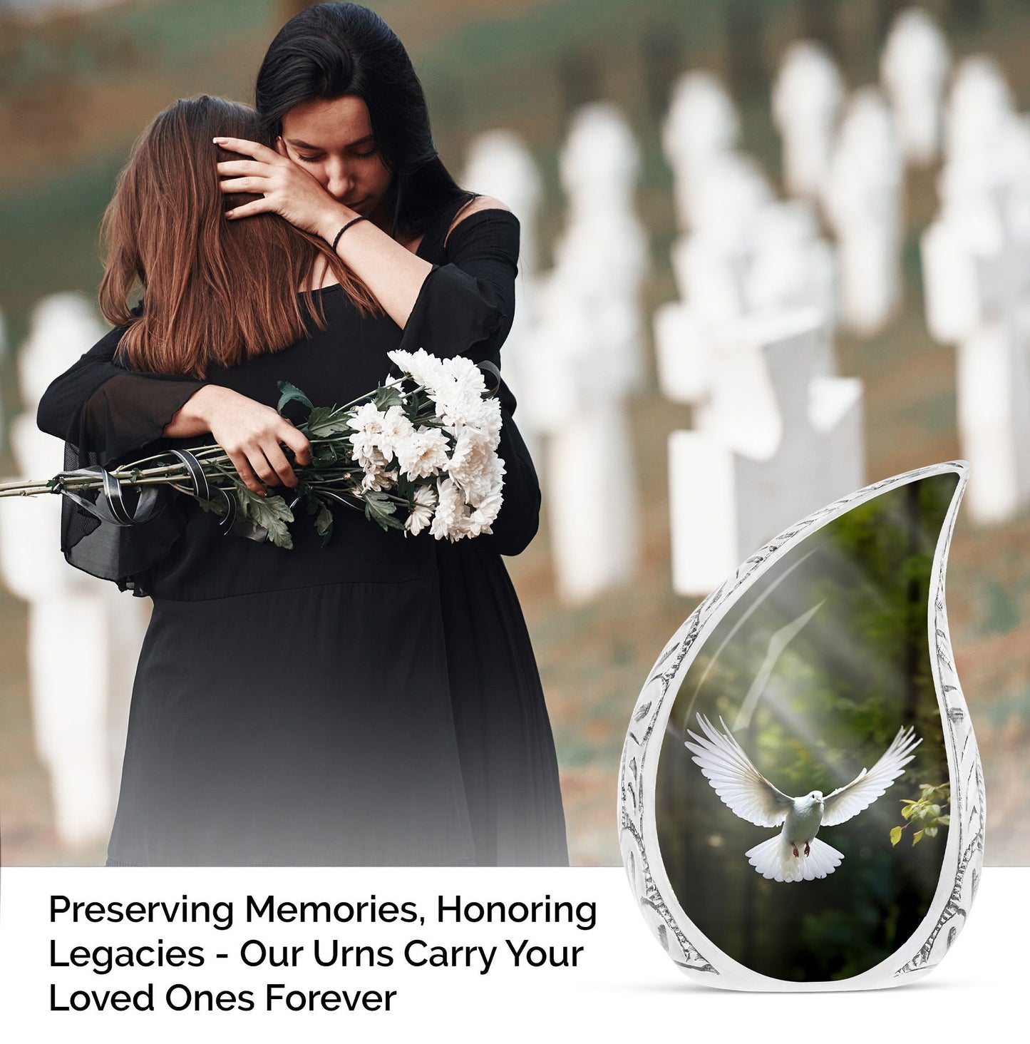 Large Dove-themed cremation urn with peaceful dove design against a dark background, perfect for adult human ashes