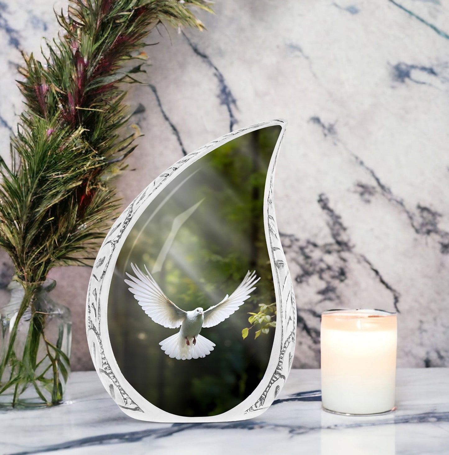 Large Dove-themed cremation urn with peaceful dove design against a dark background, perfect for adult human ashes