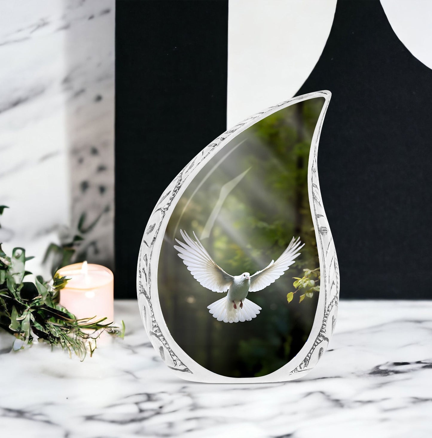 Large Dove-themed cremation urn with peaceful dove design against a dark background, perfect for adult human ashes
