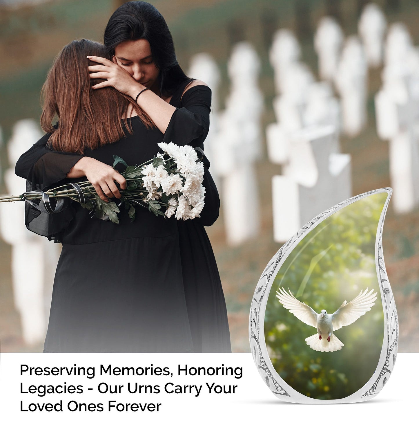 Large Dove urn, unique cremation container for human ashes with light background