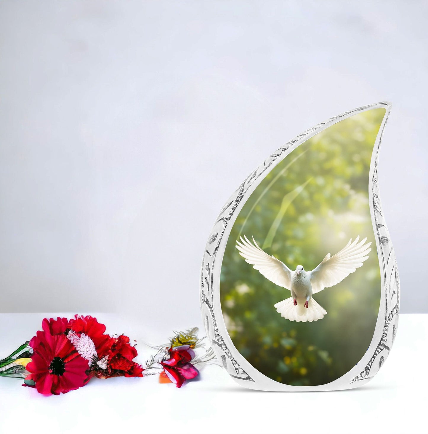Large Dove urn, unique cremation container for human ashes with light background