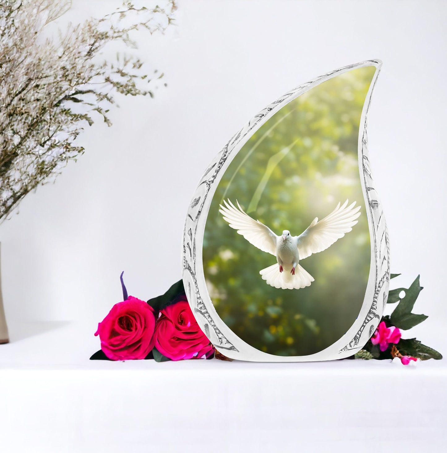 Large Dove urn, unique cremation container for human ashes with light background