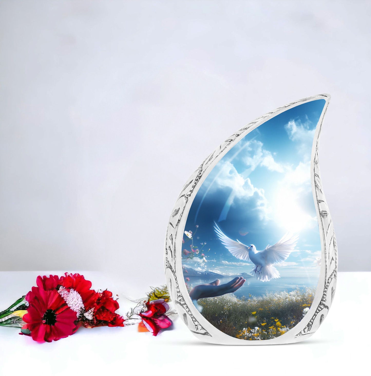 Large Dove-themed cremation urns for men, unique Dove flying close to hands urns for human adult ashes