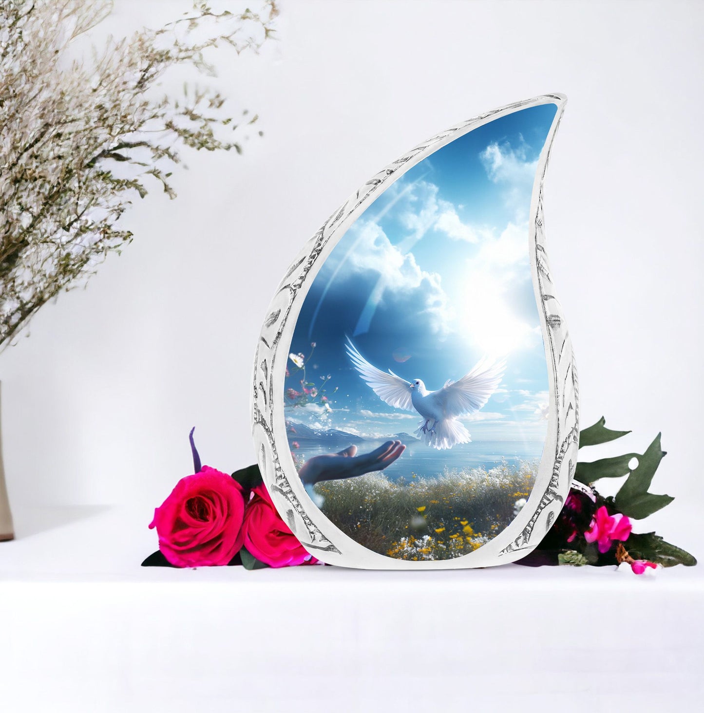 Large Dove-themed cremation urns for men, unique Dove flying close to hands urns for human adult ashes