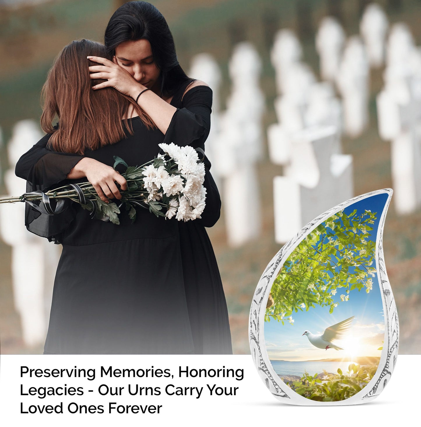 Large dove urn designed with a dove flying close to a tree, a unique cremation urn for women and a distinctive mosaic urn for human ashes