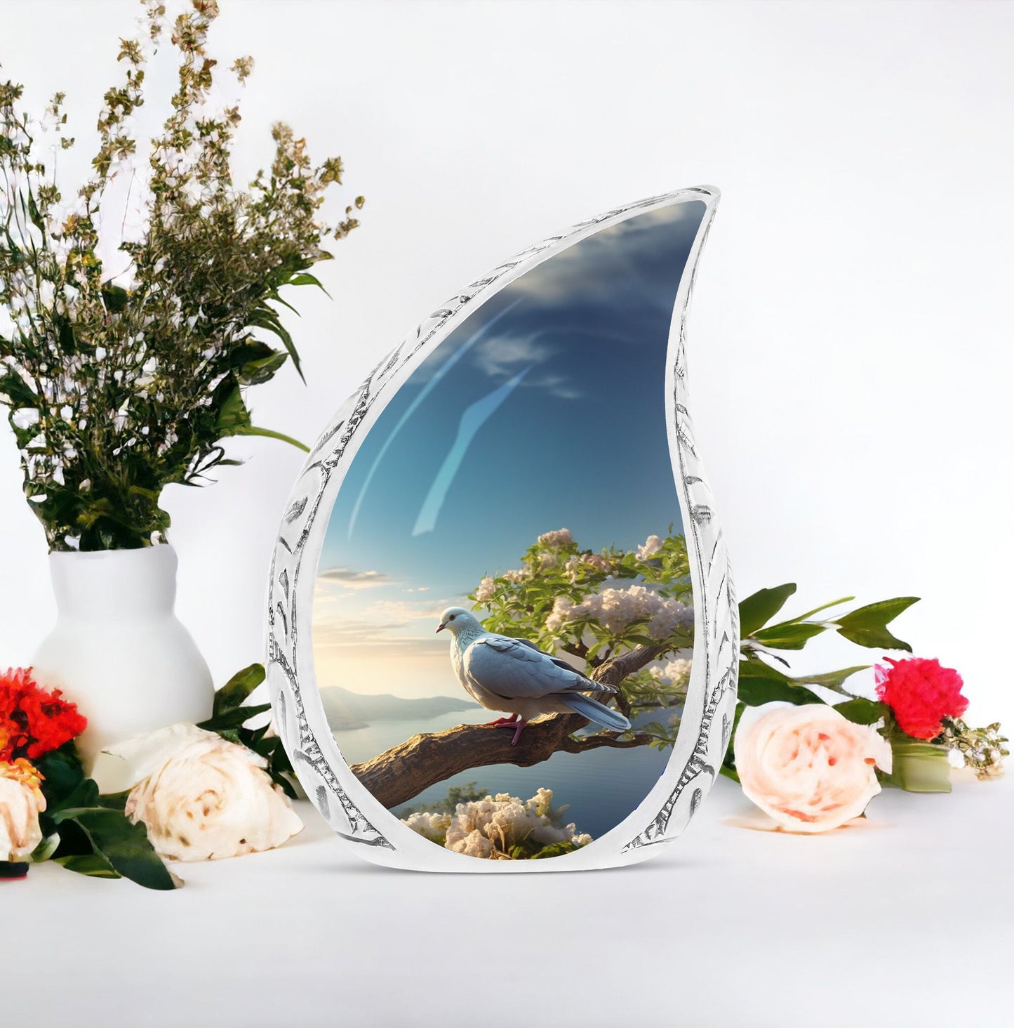 Large cremation urn adorned with dove on tree design, suitable for preserving adult male human ashes