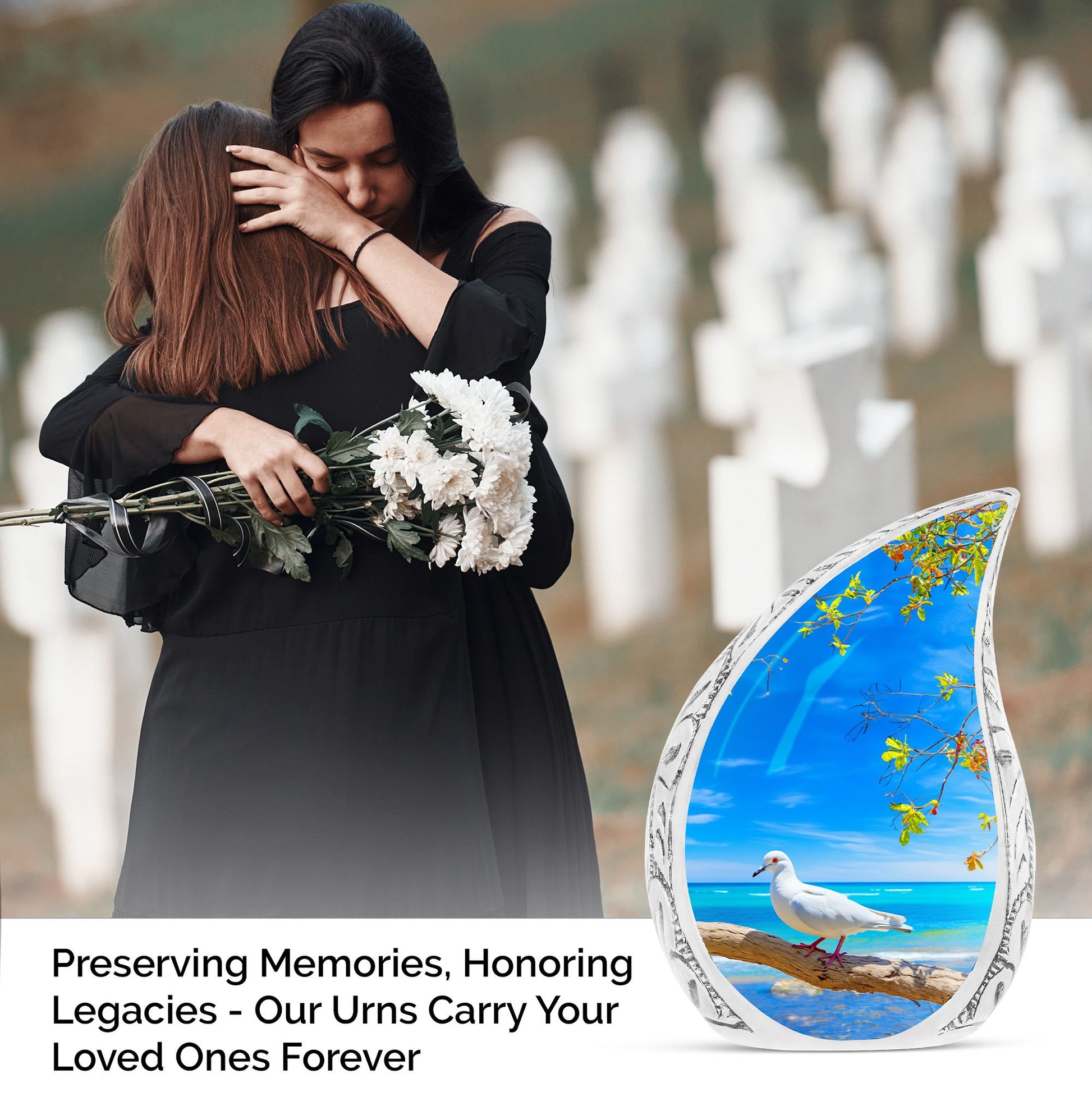 Large Dove Urn set against the backdrop of tree and ocean, unique burial urn for adult human ashes