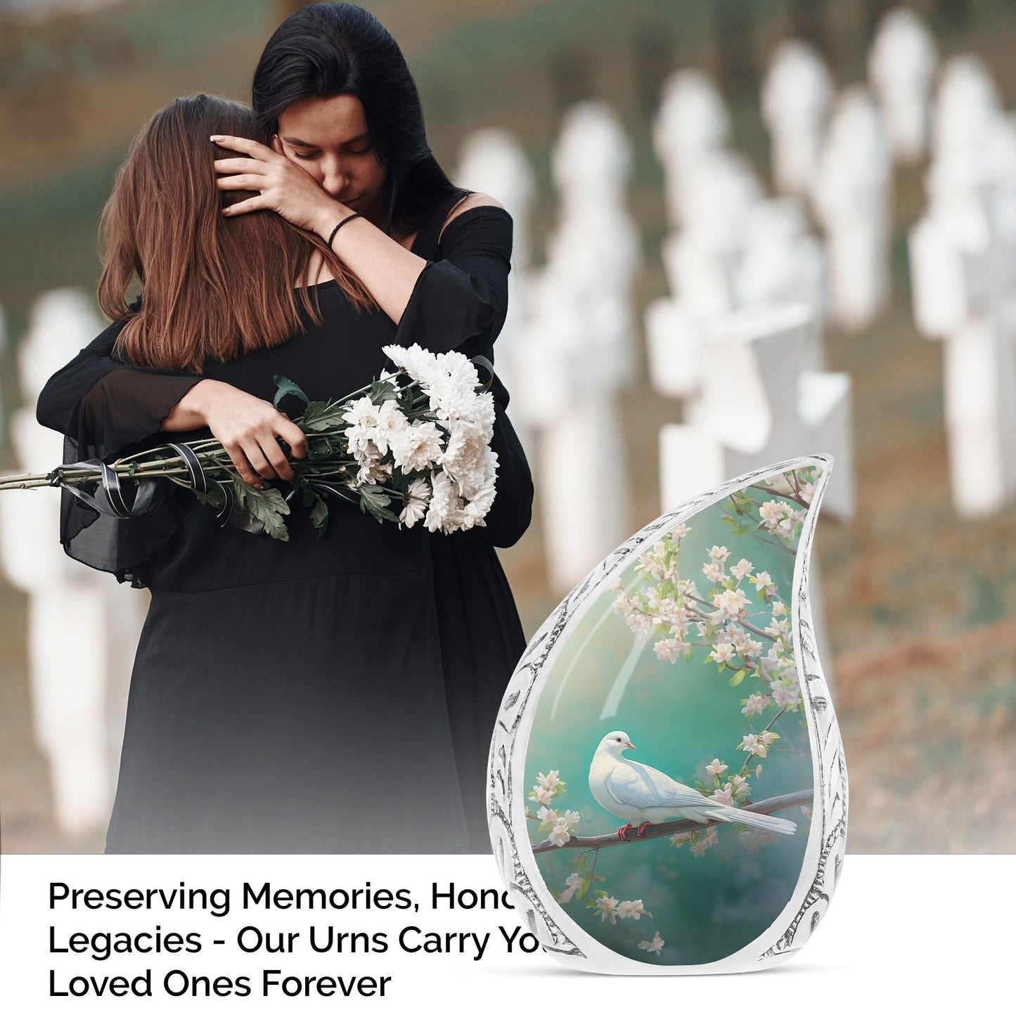 Large, decorative dove urn standing in tree with a green background, a unique memorial urn for ashes.