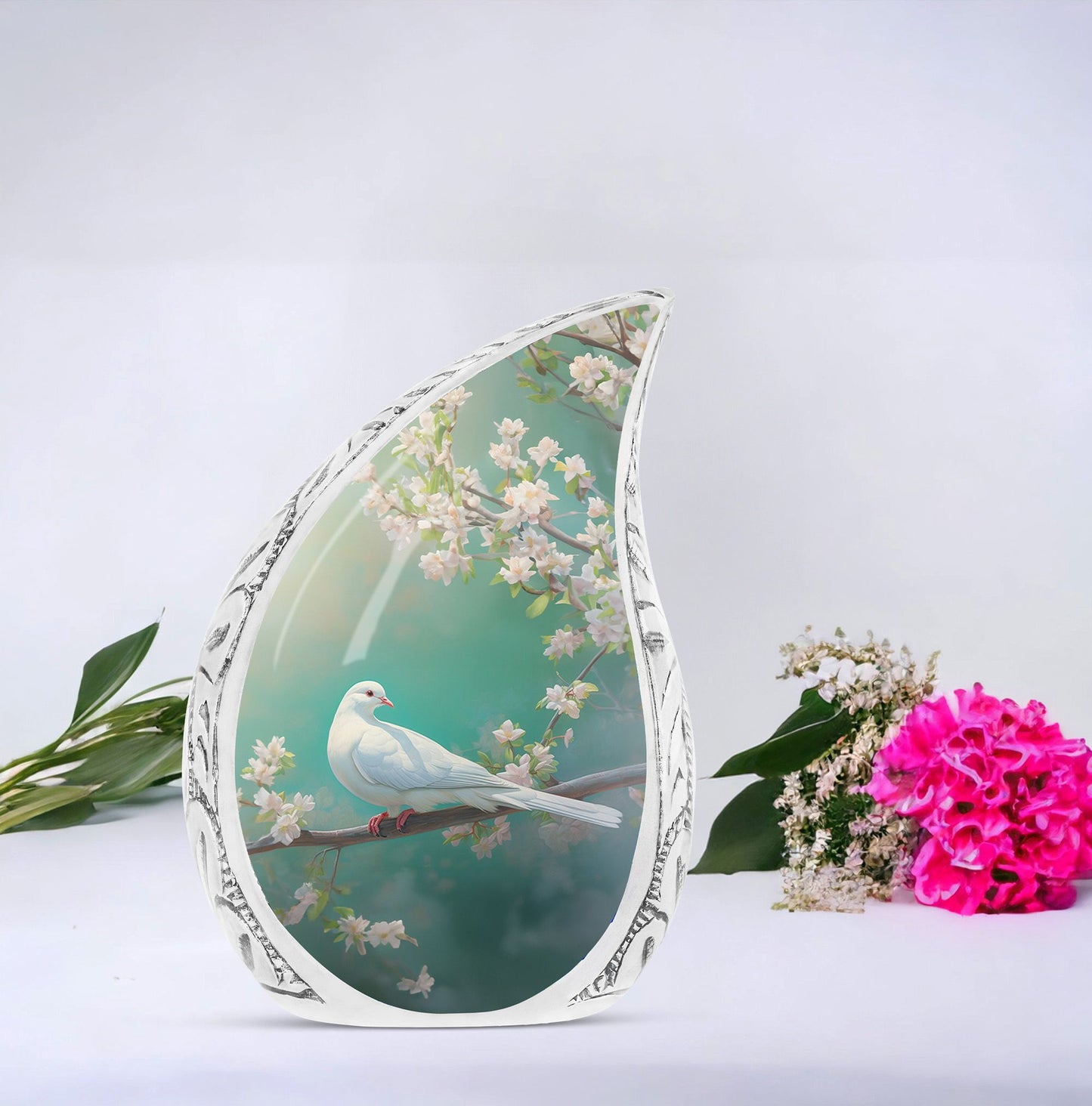 Large, decorative dove urn standing in tree with a green background, a unique memorial urn for ashes.