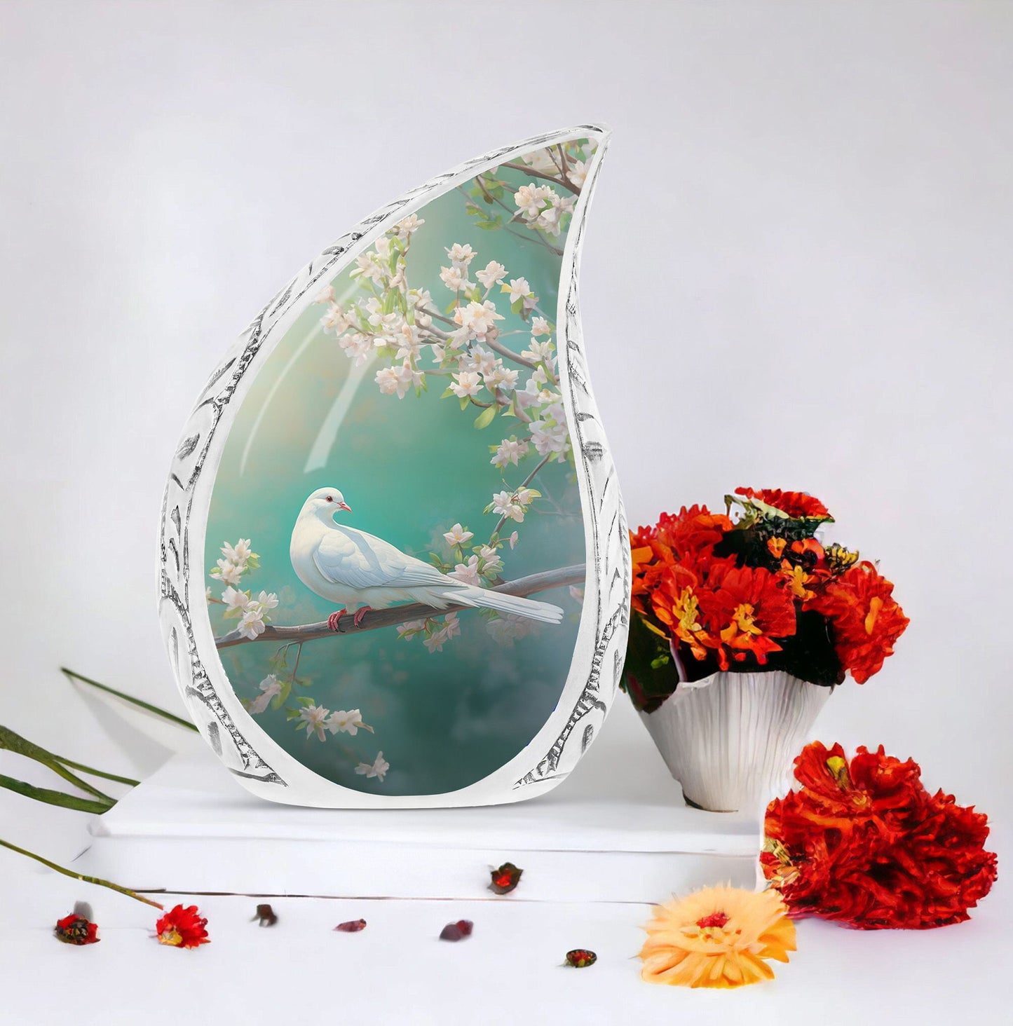Large, decorative dove urn standing in tree with a green background, a unique memorial urn for ashes.