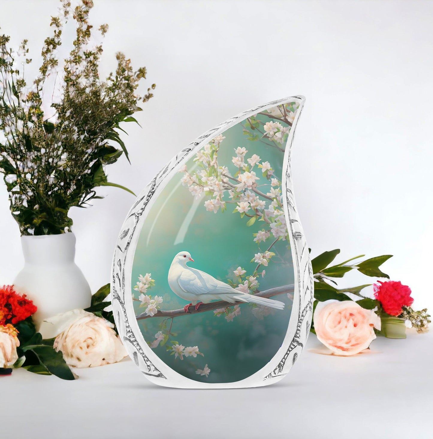 Large, decorative dove urn standing in tree with a green background, a unique memorial urn for ashes.