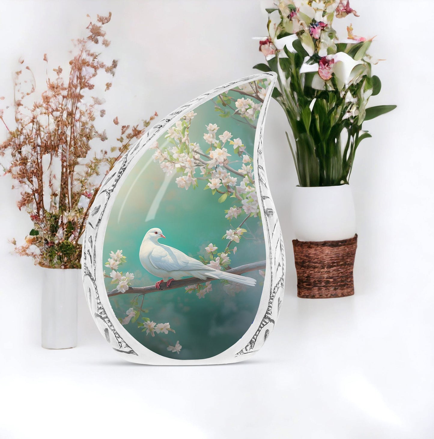 Large, decorative dove urn standing in tree with a green background, a unique memorial urn for ashes.