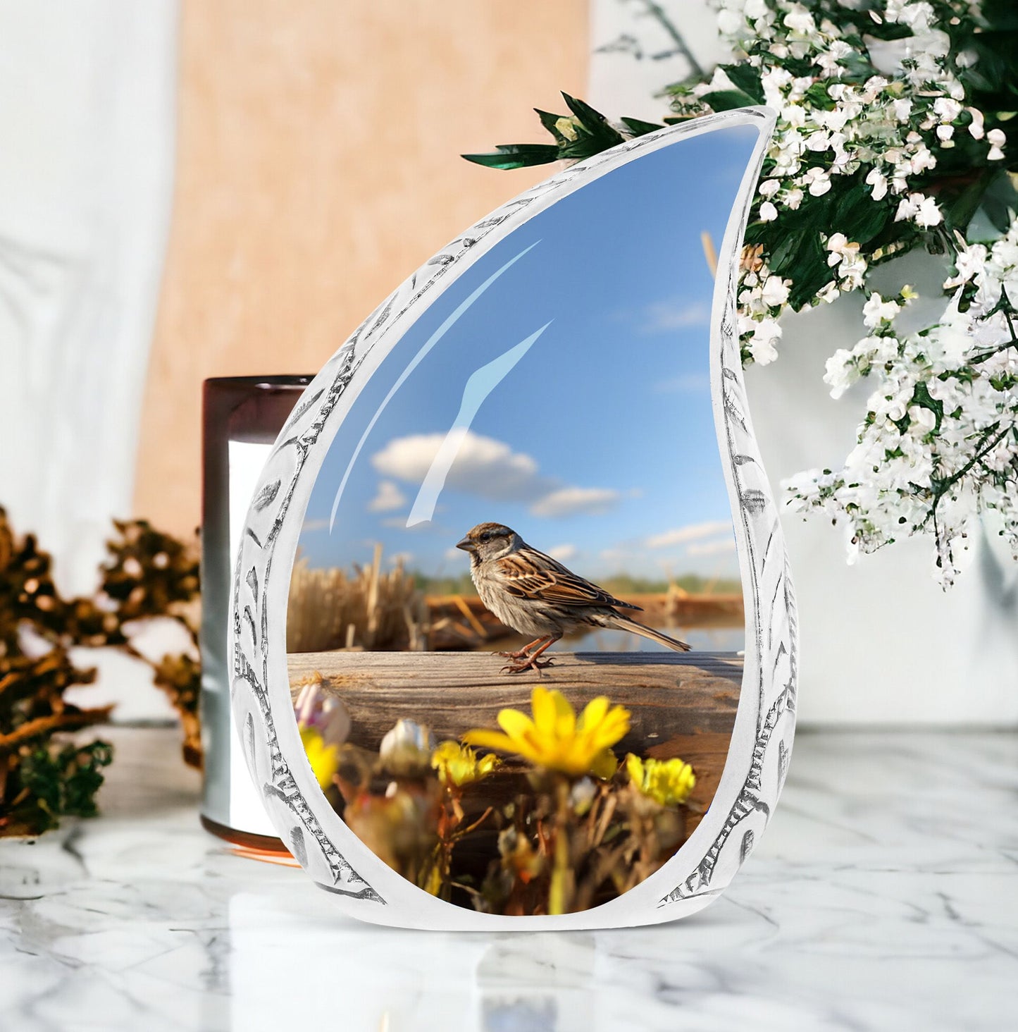Large Sparrow Urn on wooden log, Unique medium-sized urn for human ashes, Ideal for funeral decorations