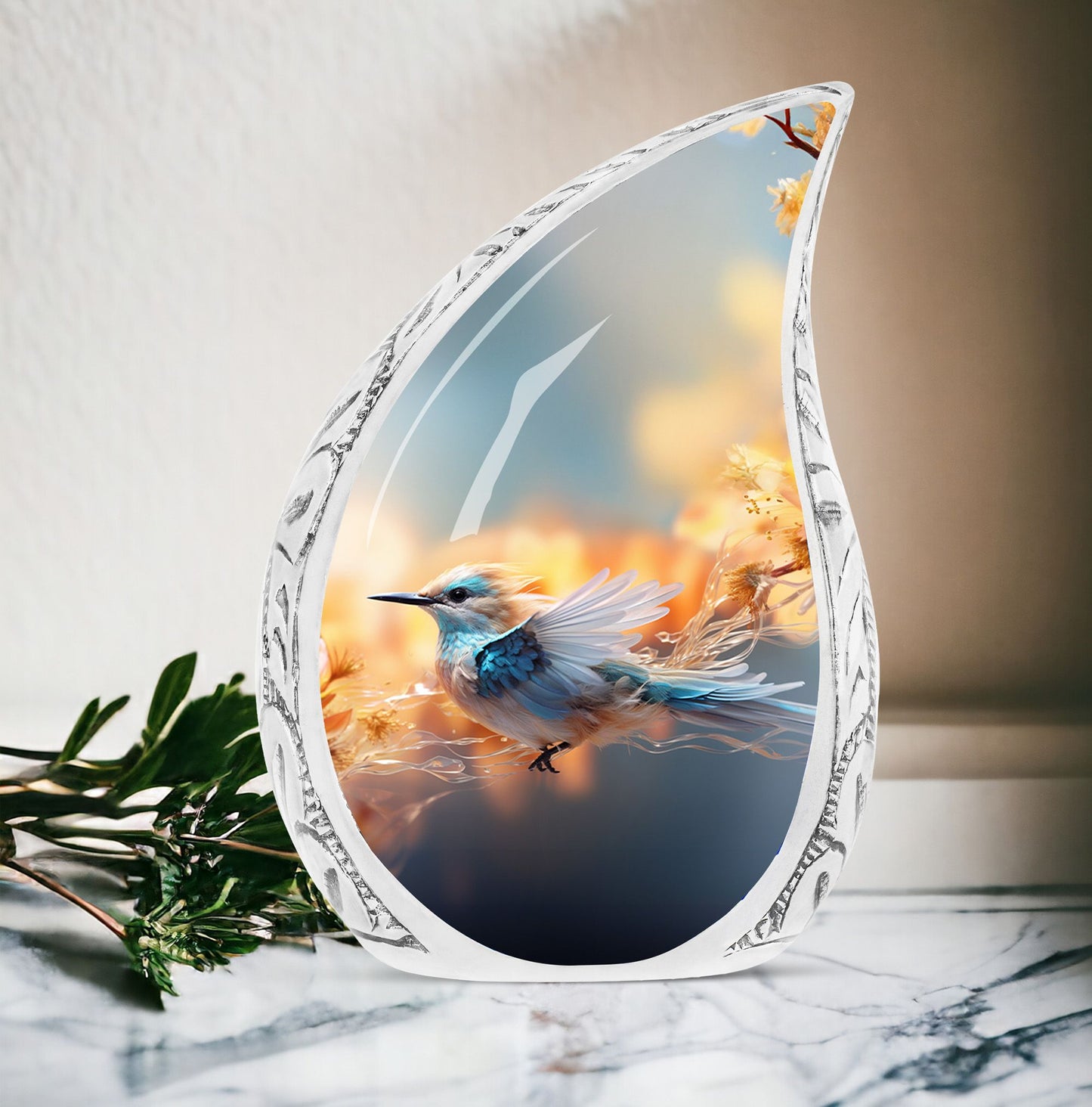 Mythical Sparrow urn with yellow flowers, large urn for ashes suitable for adult males, often used as funeral decorations