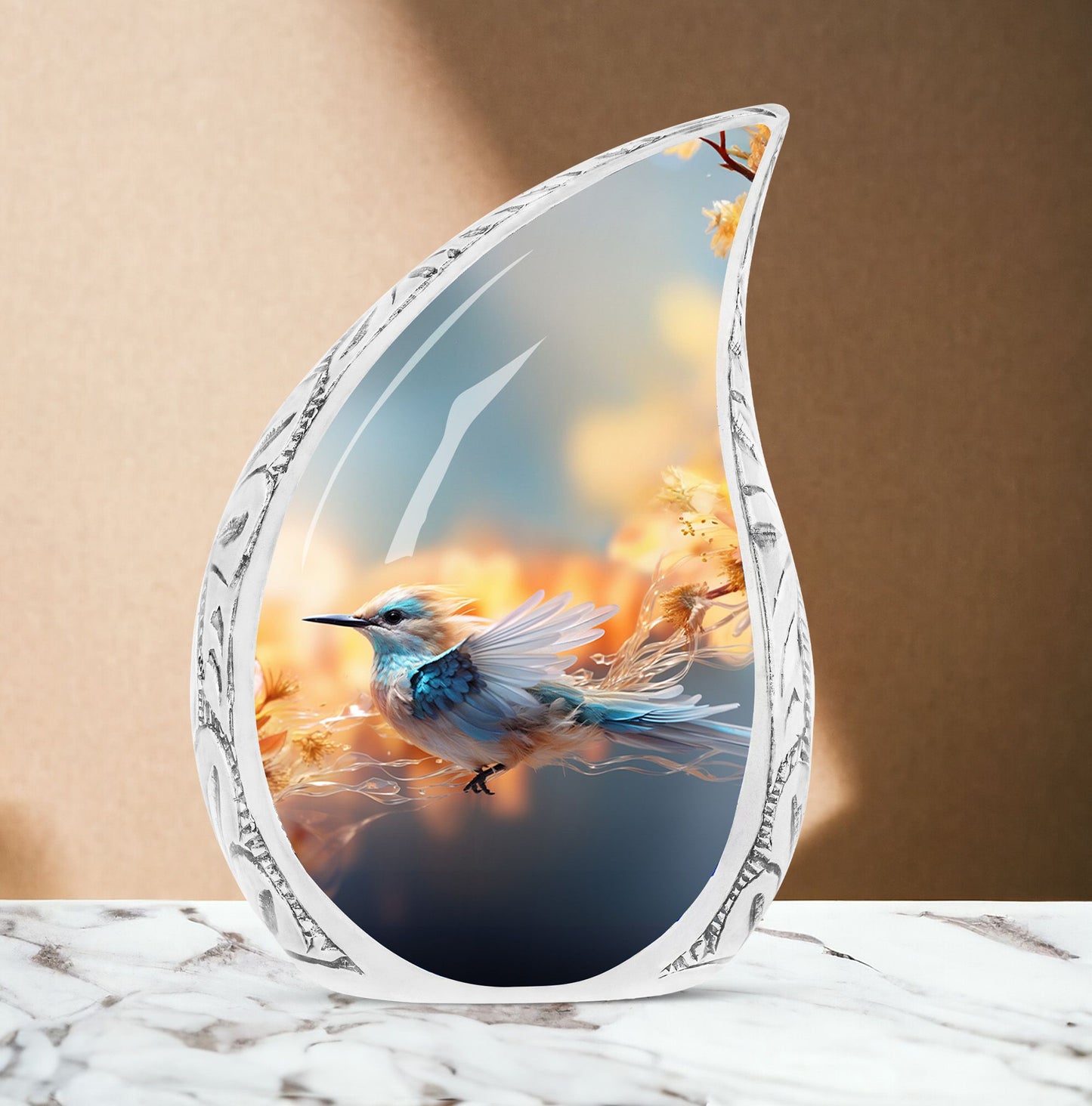 Mythical Sparrow urn with yellow flowers, large urn for ashes suitable for adult males, often used as funeral decorations