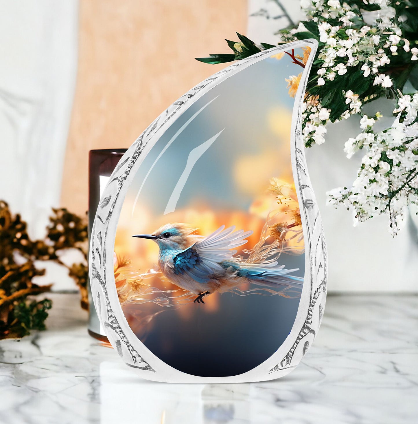Mythical Sparrow urn with yellow flowers, large urn for ashes suitable for adult males, often used as funeral decorations