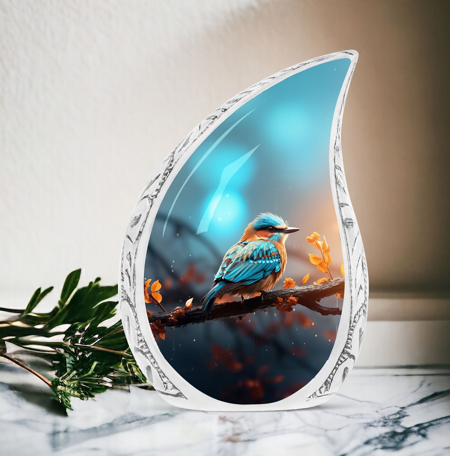 Colorful sparrow memorial urn with elegant red leafs, ideal for storing ashes for both men and women