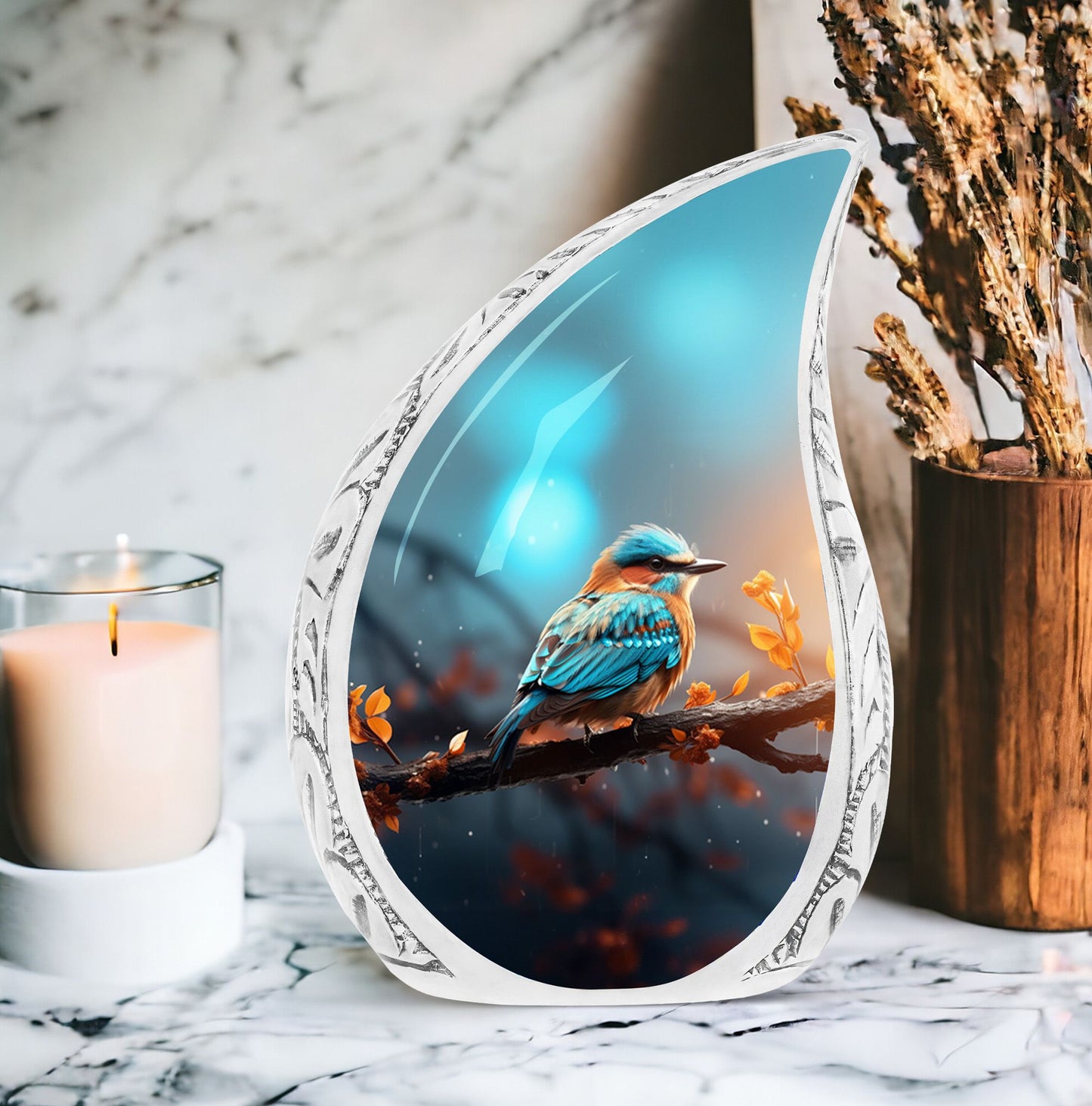 Colorful sparrow memorial urn with elegant red leafs, ideal for storing ashes for both men and women