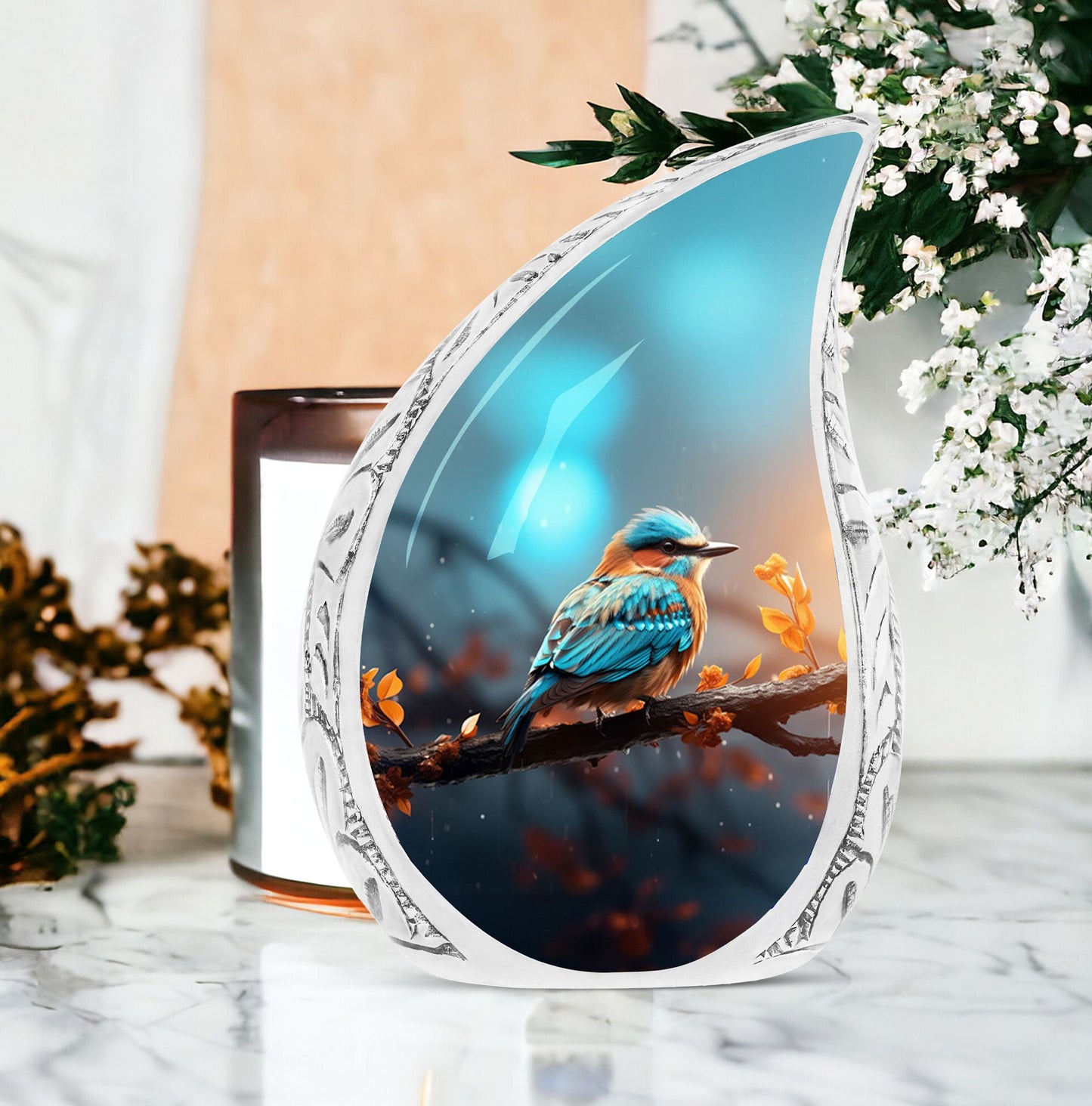 Colorful sparrow memorial urn with elegant red leafs, ideal for storing ashes for both men and women
